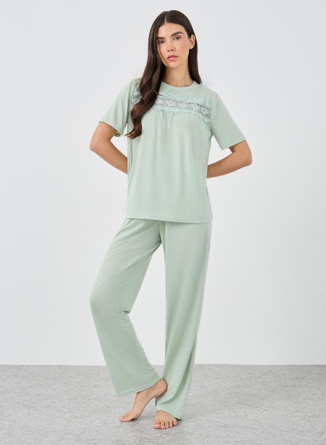 Lace Insert Short Sleeve Pyjama Set - Image 1