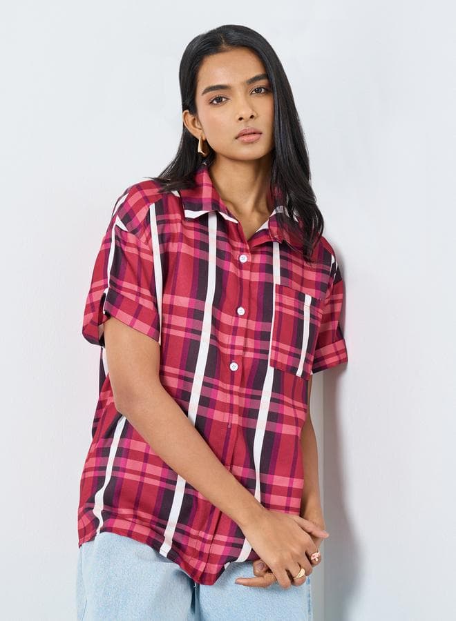 Checked Print Buttoned Shirt with Pocket - Image 1