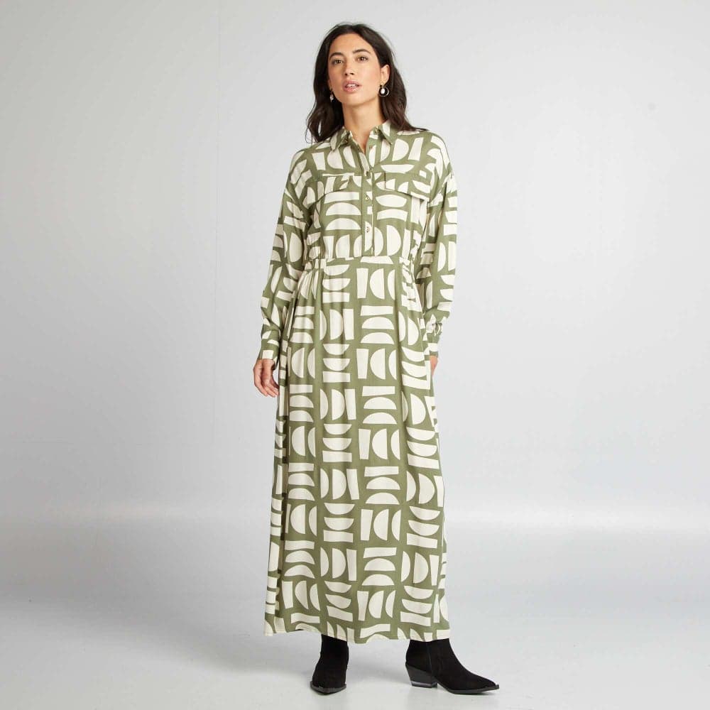 Green Long Shirt-Collar Maxi Dress - Image 1