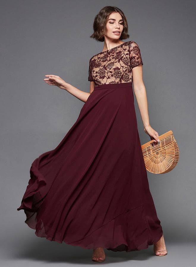 Lace Bodice Maroon Maxi Dress - Image 1