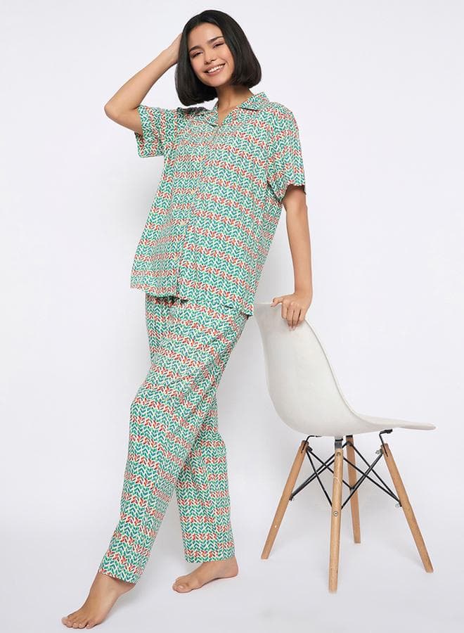 Clovia All-Over Print Button Down Pyjama Set - Image 1