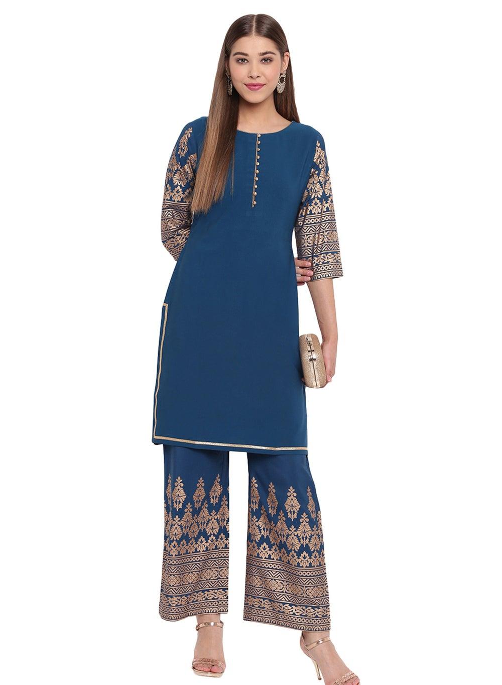 Teal Round Neck Straight Fit Kurti Co-ord Set - Image 1