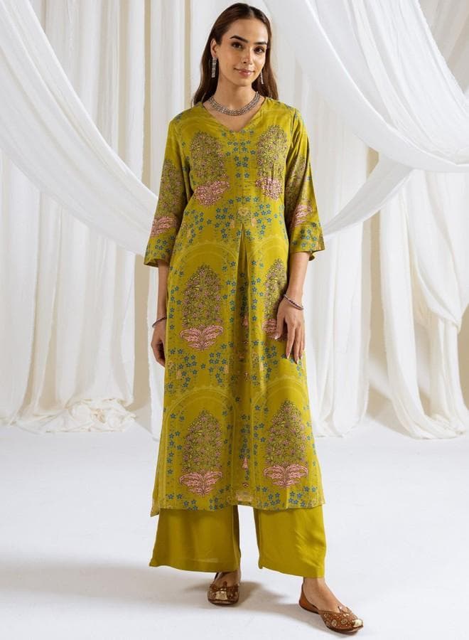 Green Rayon Embroidered Straight Fit Kurta Palazzo Set - Image 1