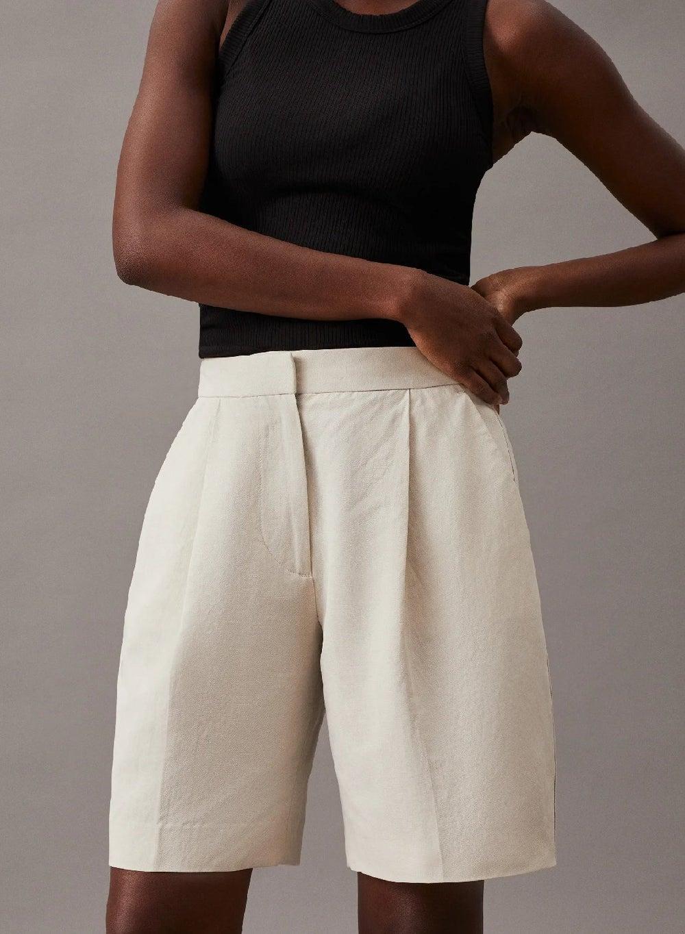 Wide Linen Blend Tailored Shorts - Image 1