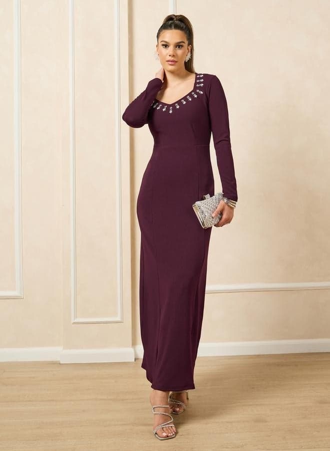 Embellished Burgundy Column Dress - Image 1