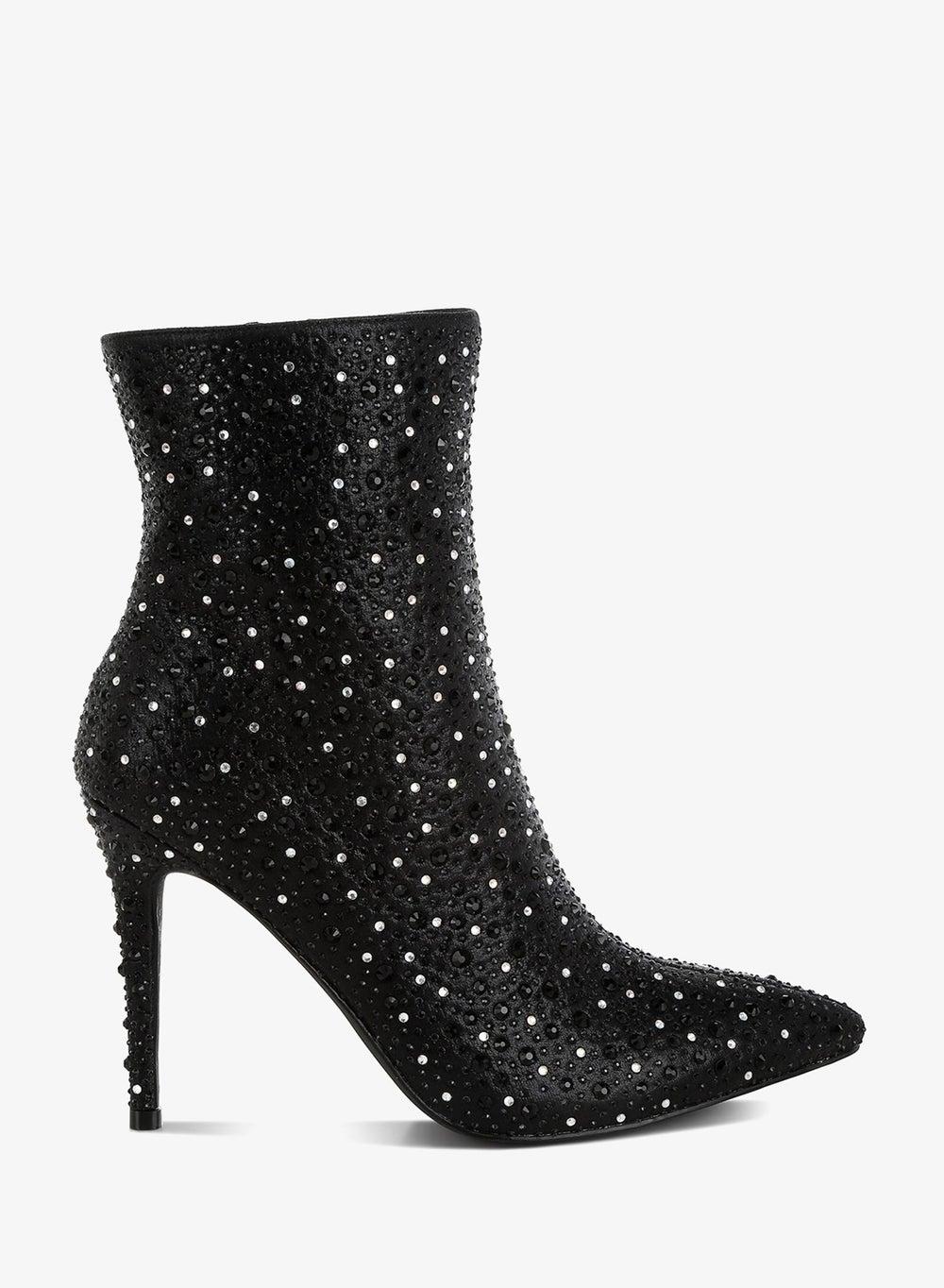 Black Rhinestone Embellished Stiletto Ankle Boots - Image 1