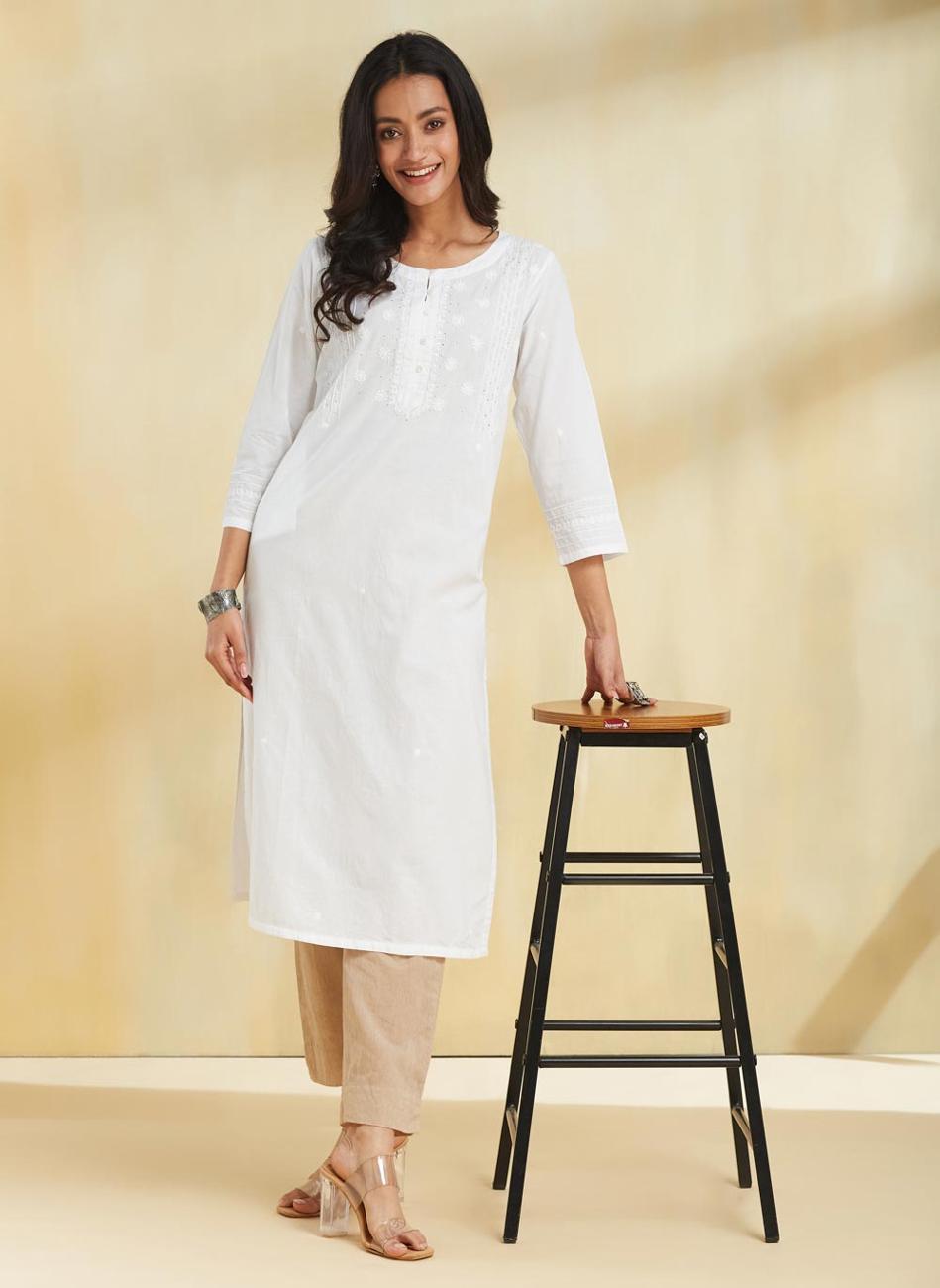 White Cotton Chikankari Long Kurta - Image 1
