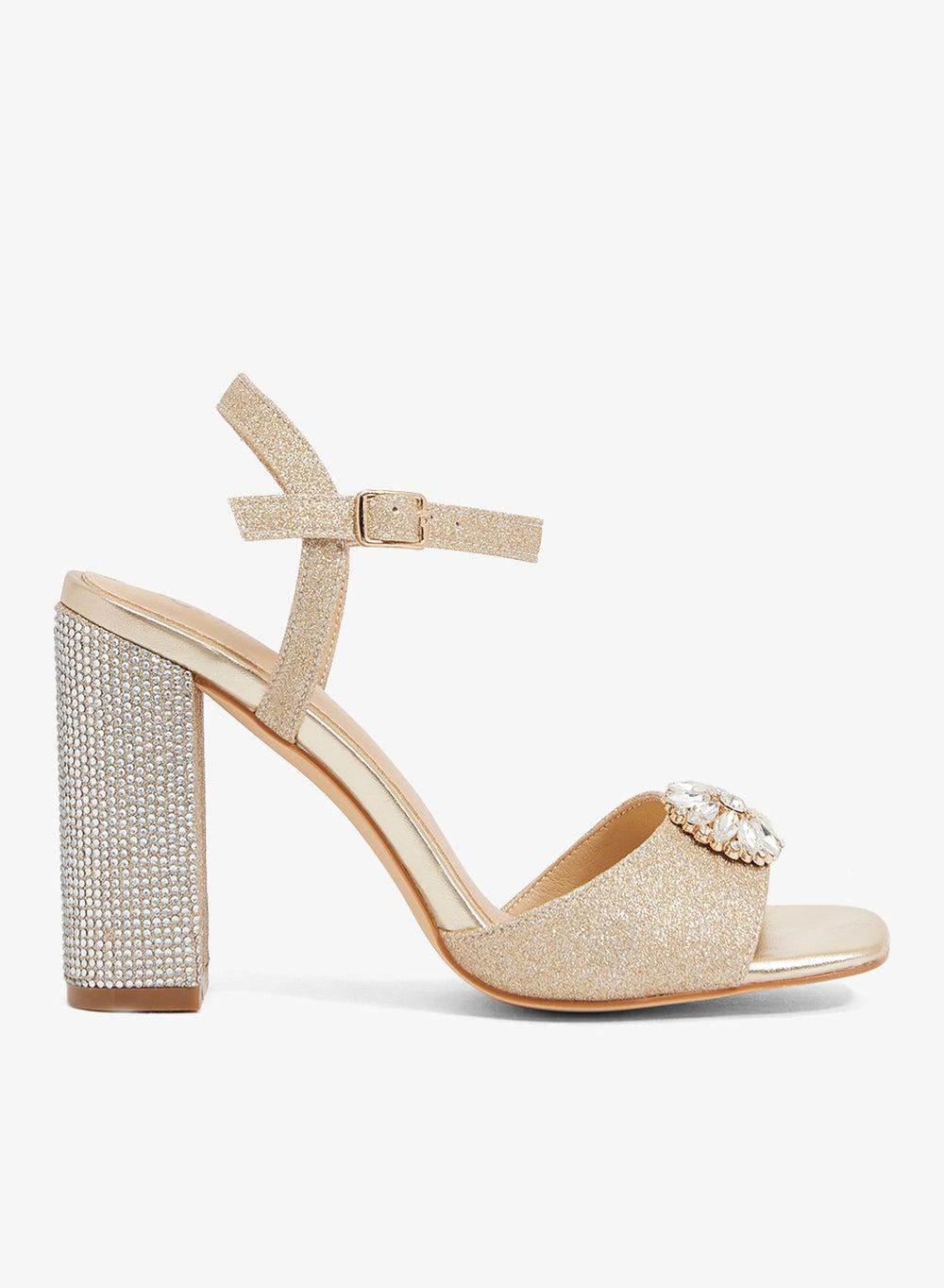 Champagne Gold Block Heel Sandal with Crystal Brooch - Image 1
