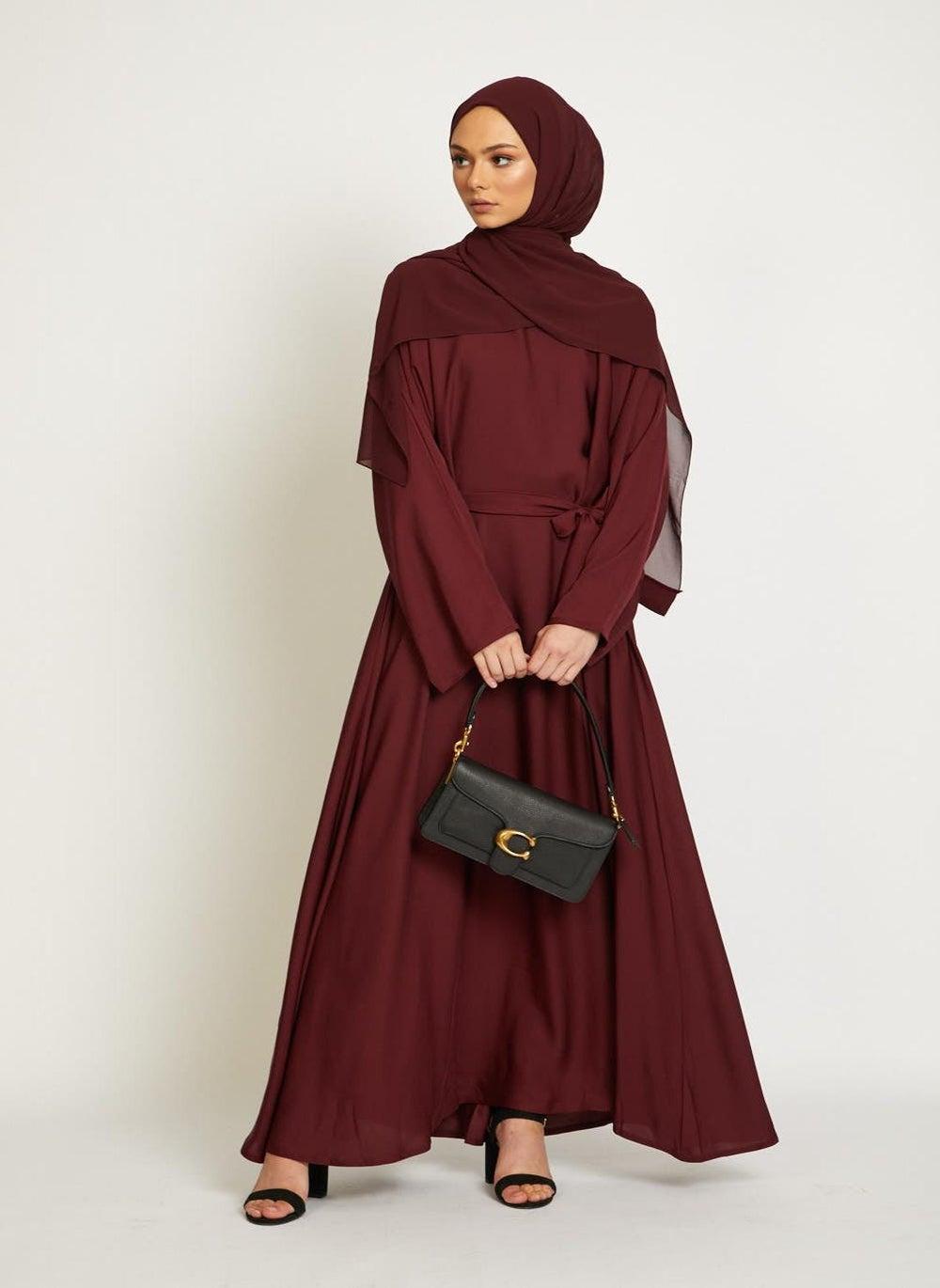 Elegant Maroon Plain Abaya with Belt and Hijab AB85 - Image 1