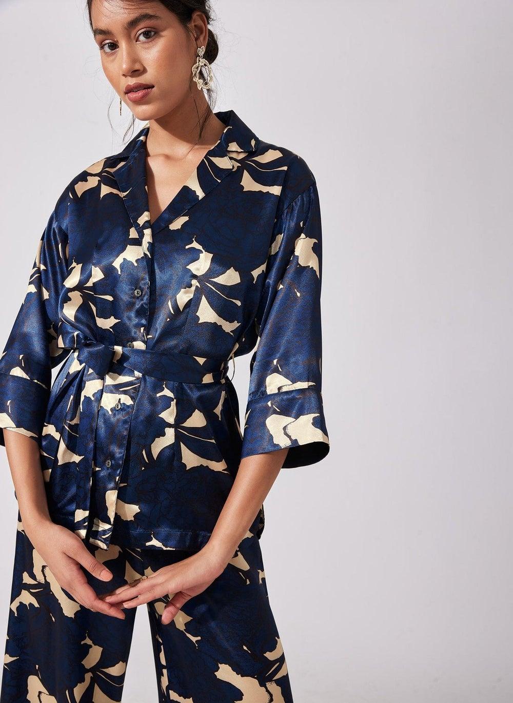 Floral Lapel Collar Satin Shirt - Image 1