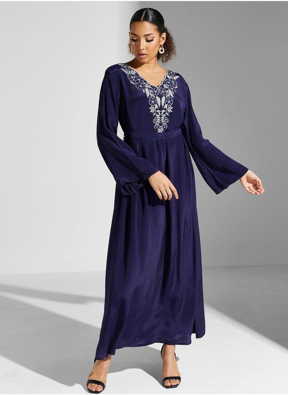 Printed Flared Sleeves V-Neck Jalabiya Dress - Image 1