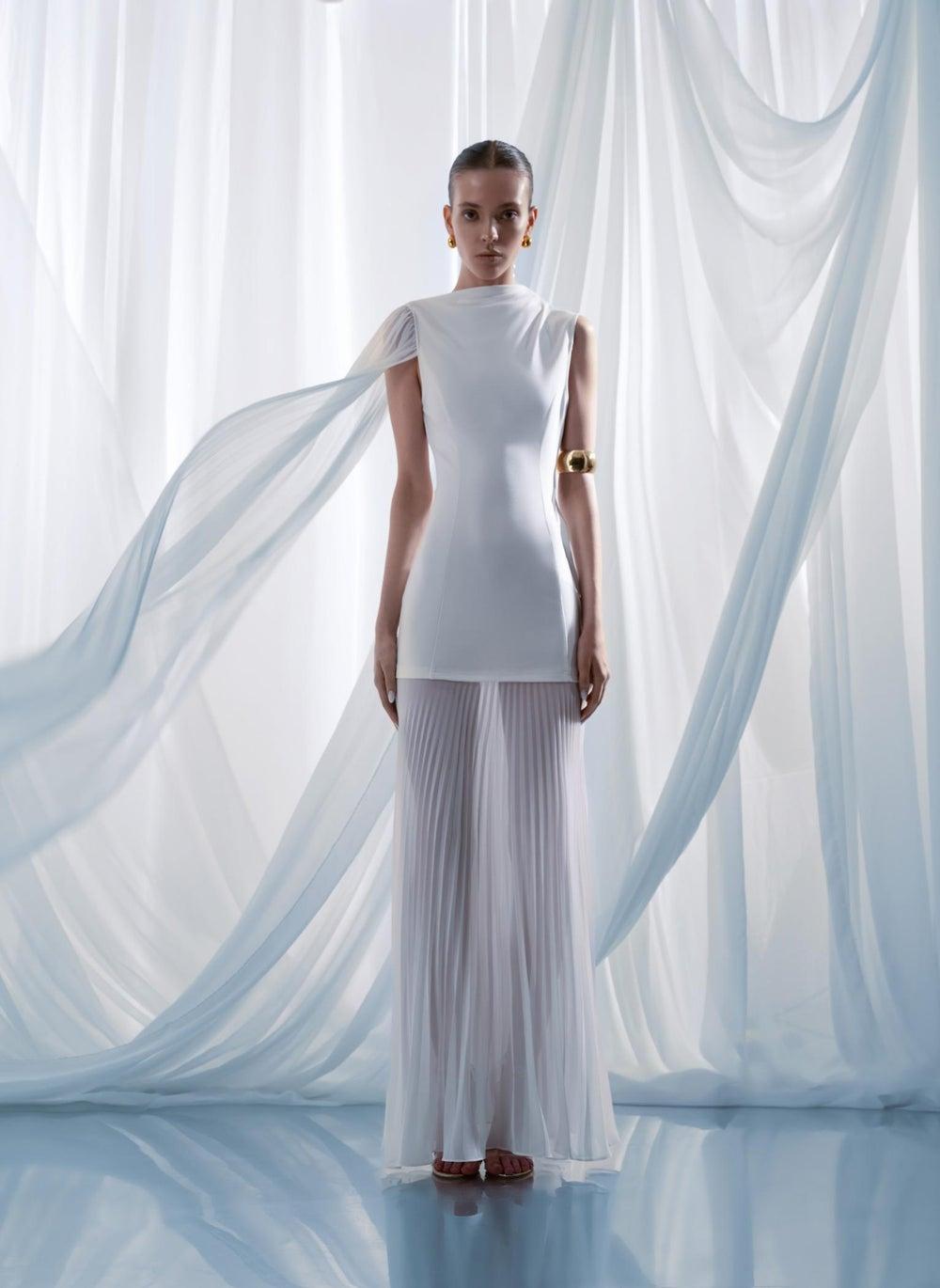 Asymmetrical Maxi Dress with Pleated Shoulder Detail - Image 1
