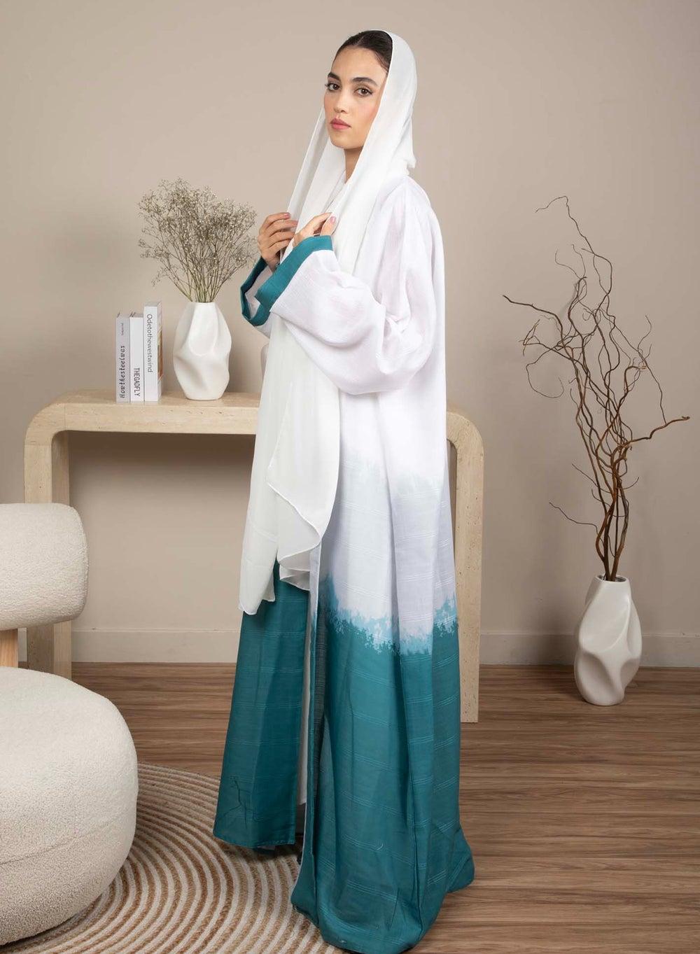 Linen Abaya in White and Green with Headscarf - Image 1