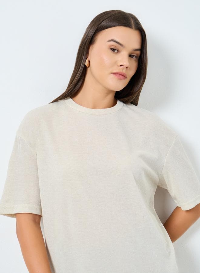Styli Beige Longline Oversized Knit T-Shirt - Image 1