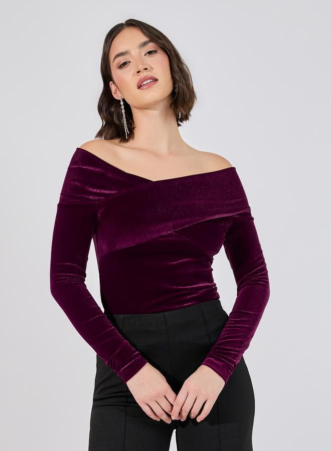 Fitted Off Shoulder Velvet Look Blouse - Image 1