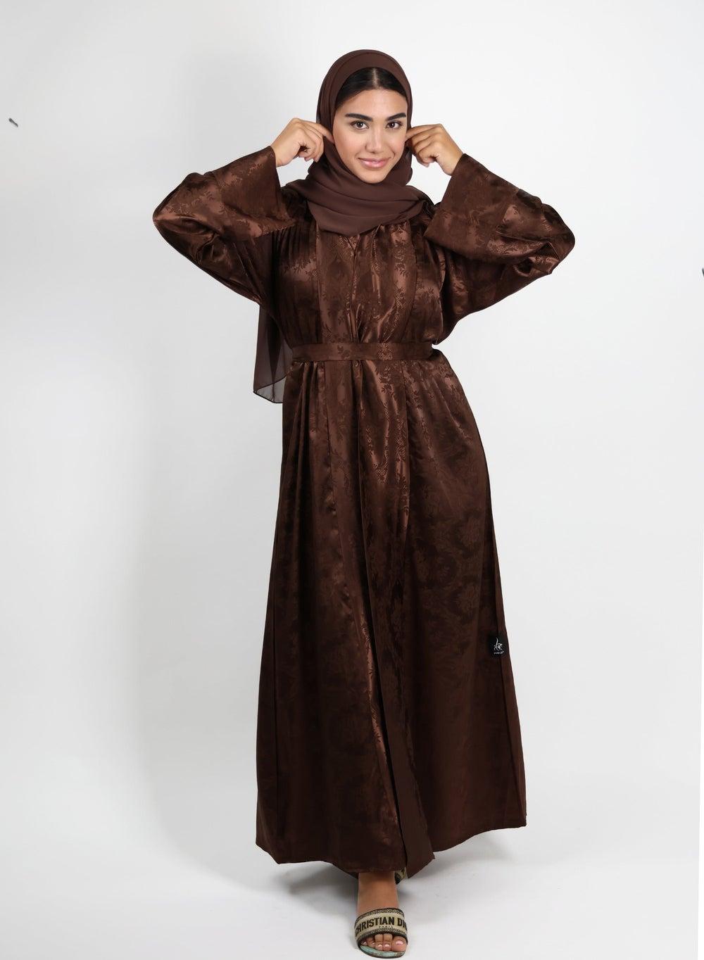 Brown Floral Jacquard Open Abaya Set - Image 1
