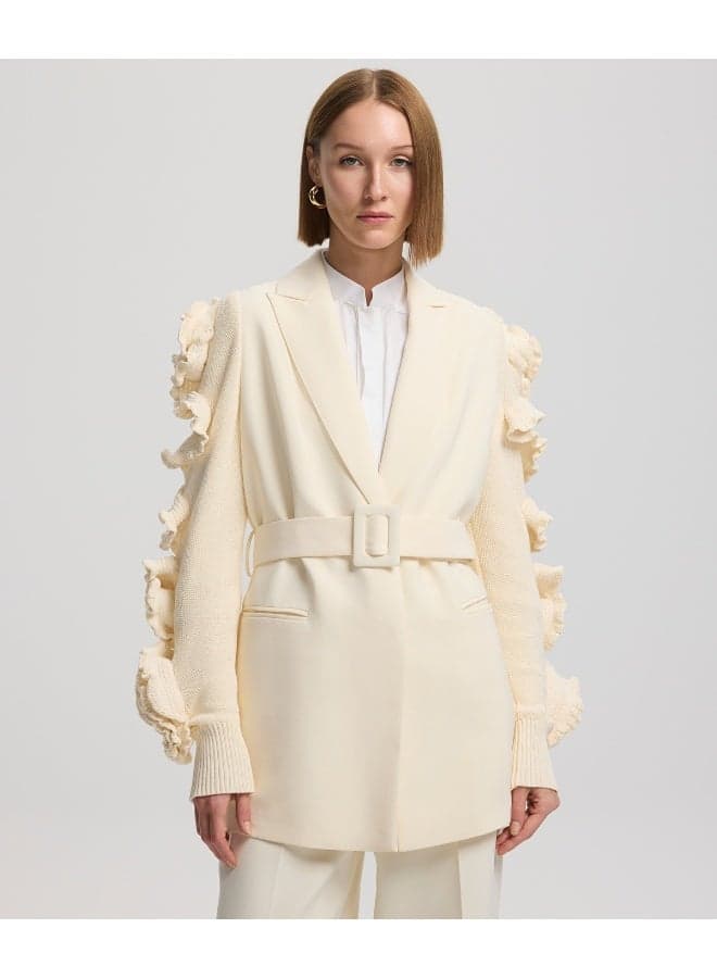 Regular Fit Belted Jacket With Raised Flowers - Image 1