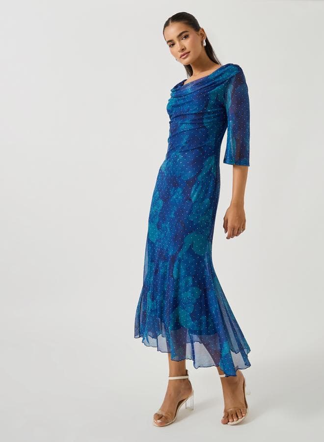 Printed Wide Neck Bell Sleeve Mermaid Hem Midi Dress - Image 1