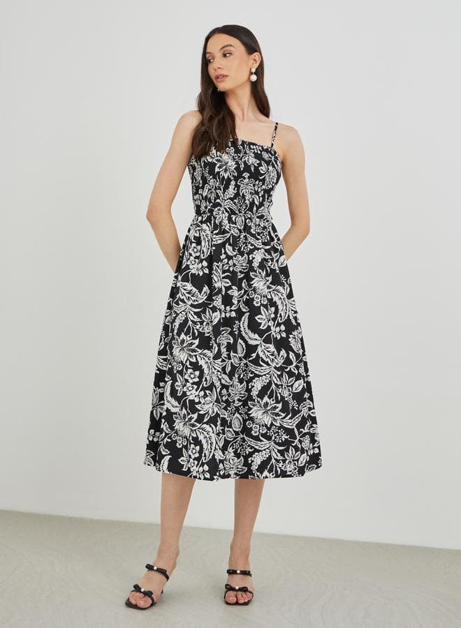 Take Two Floral Print Smocking Detail A-Line Maxi Dress - Image 1