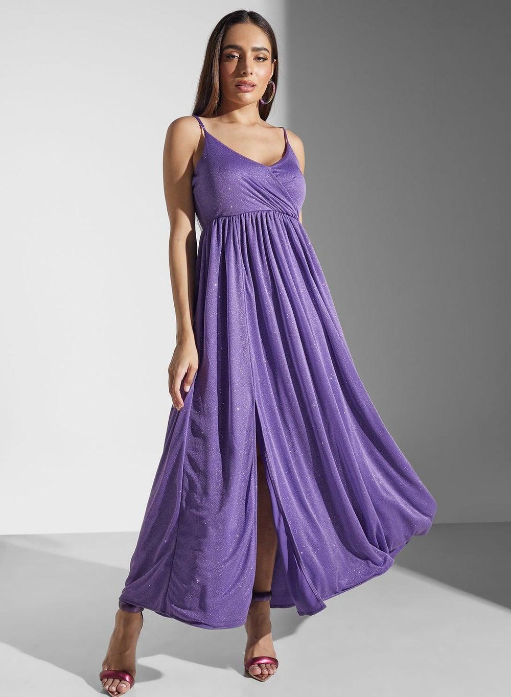 Sparkly Violet Maxi Dress with Side Slit - Image 1