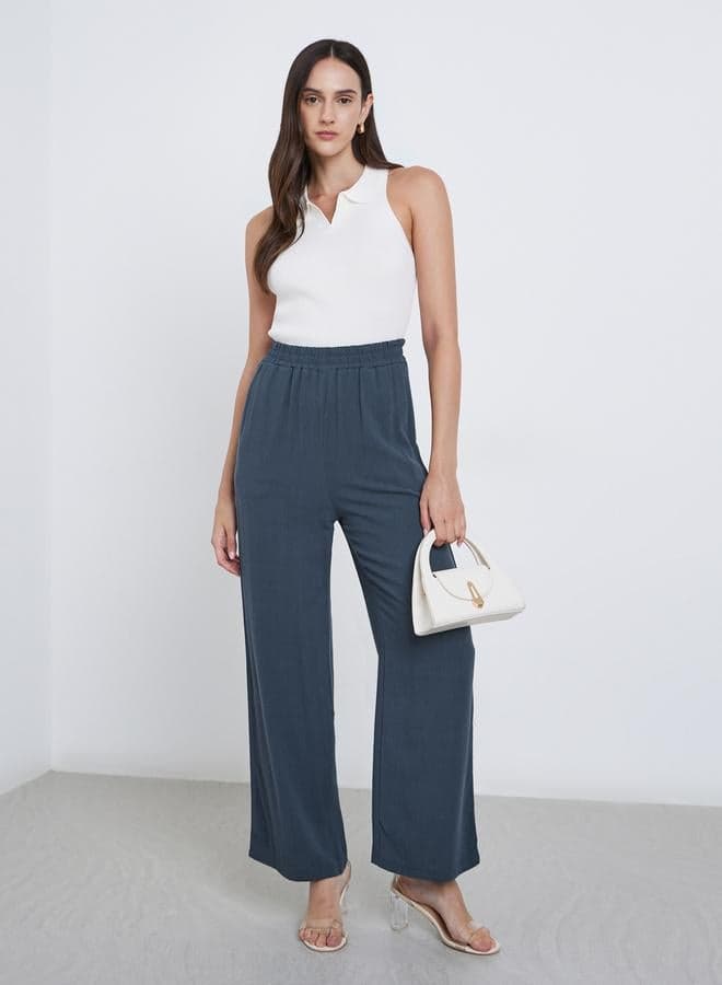 Charcoal Linen Look Pants with Elastic Waist - Image 1