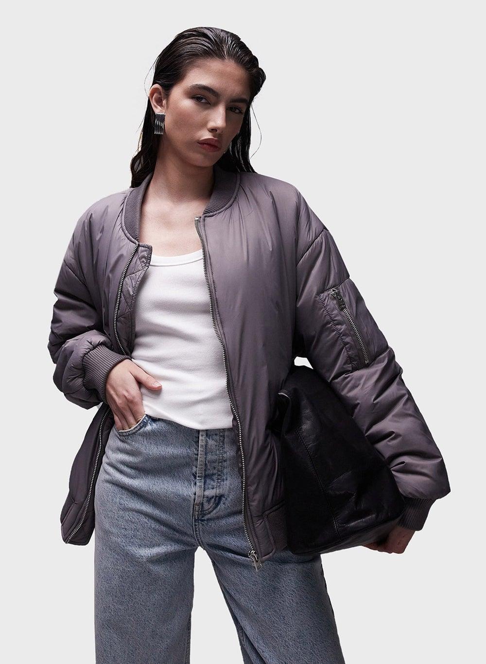 Topshop Grey Nylon Bomber Jacket - Image 1