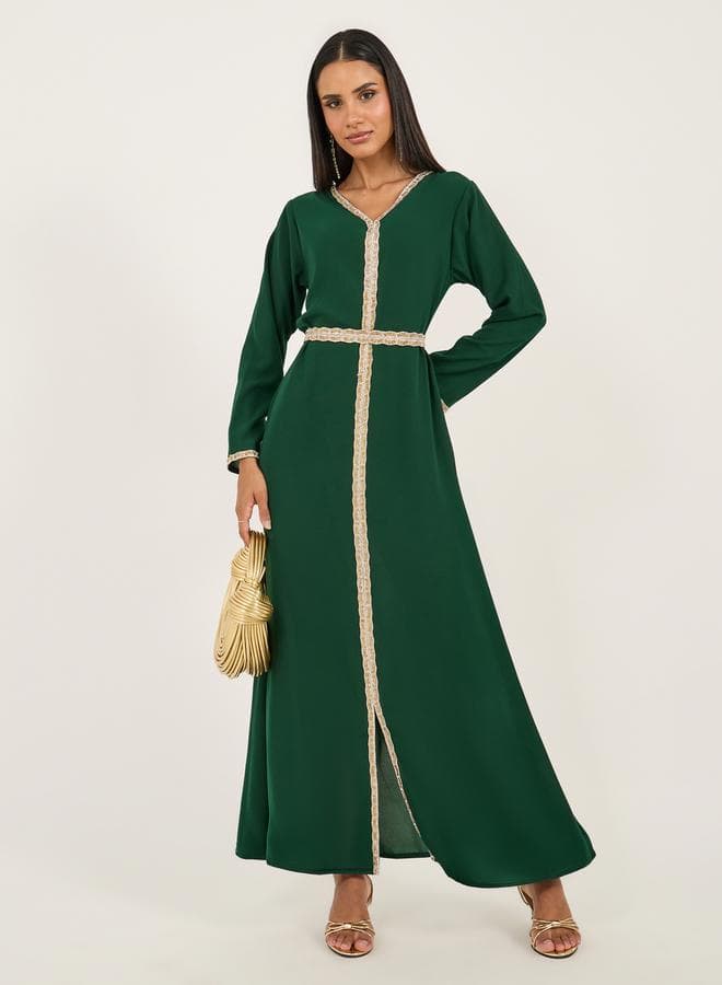 Styli Embroidered Lace Trim V Neck Kaftan - Image 1