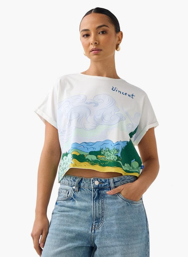 Vincent Print Crop T-Shirt with Extended Sleeves - Image 1