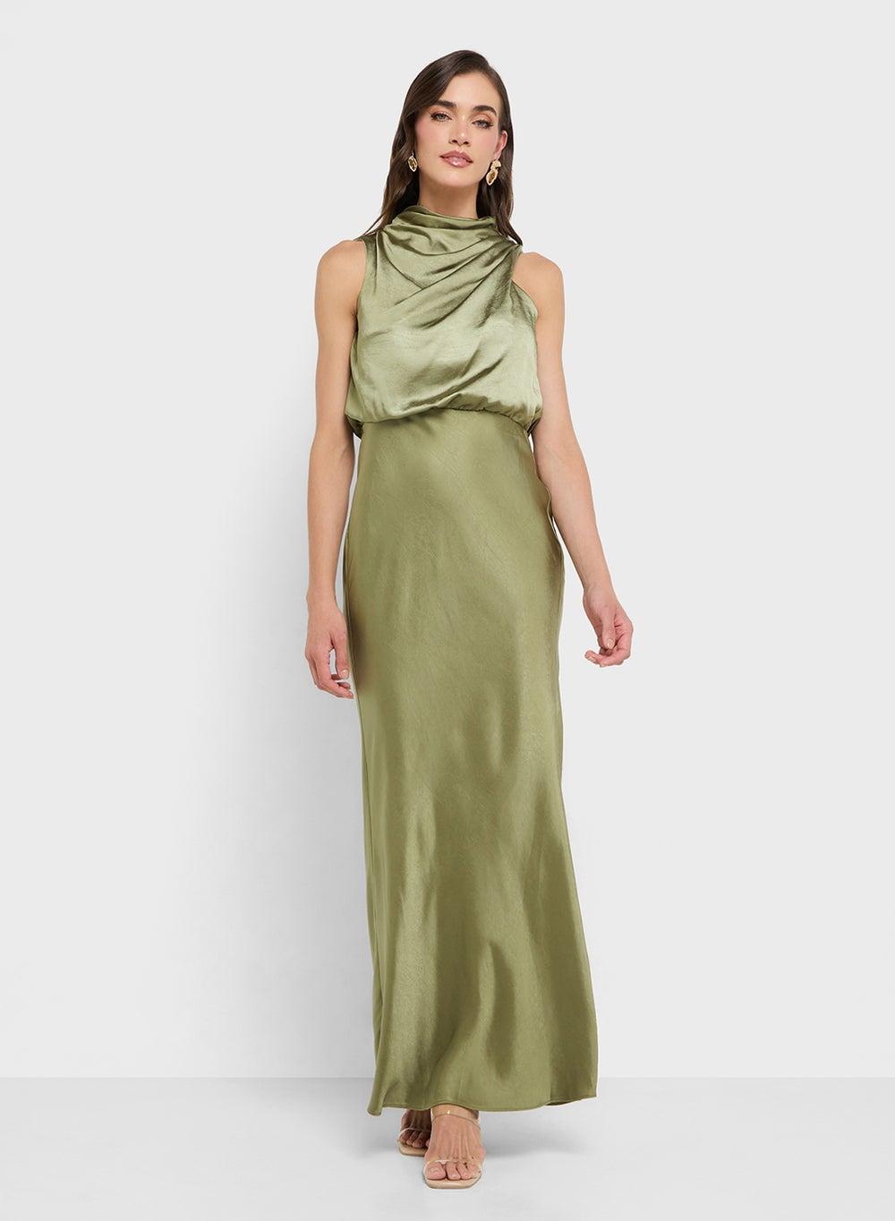 Cowl Neck Olive Green Maxi Dress - Image 1