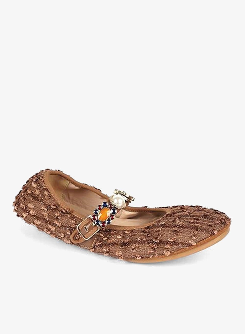 Jeweled Textured Flat with Pearl Buckle Detail - Image 1