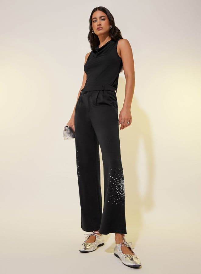 Black Rhinestone Embellished Pleated Wide Leg Pants - Image 1