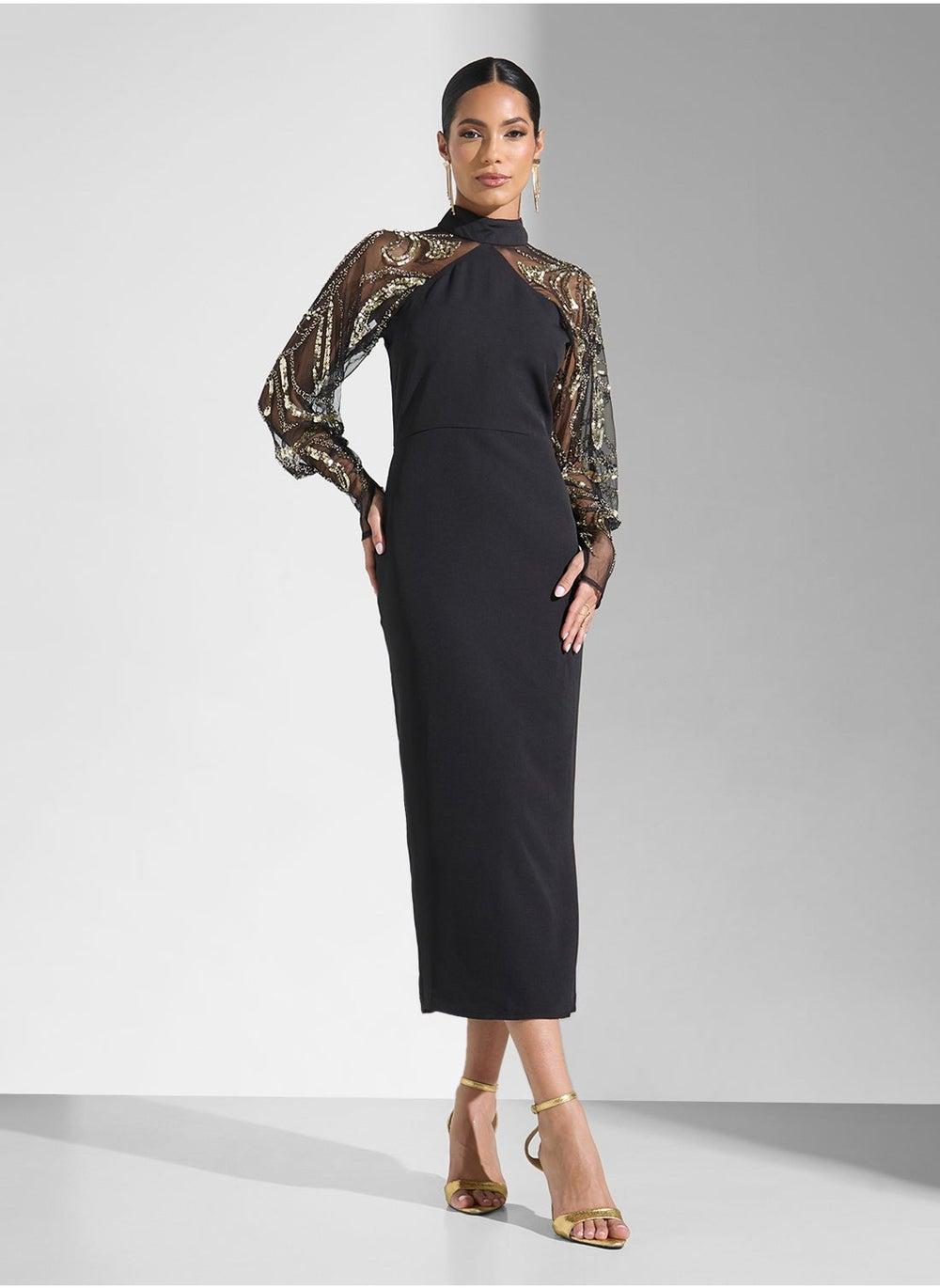 Black Sequin Sleeve Midi Dress - Image 1