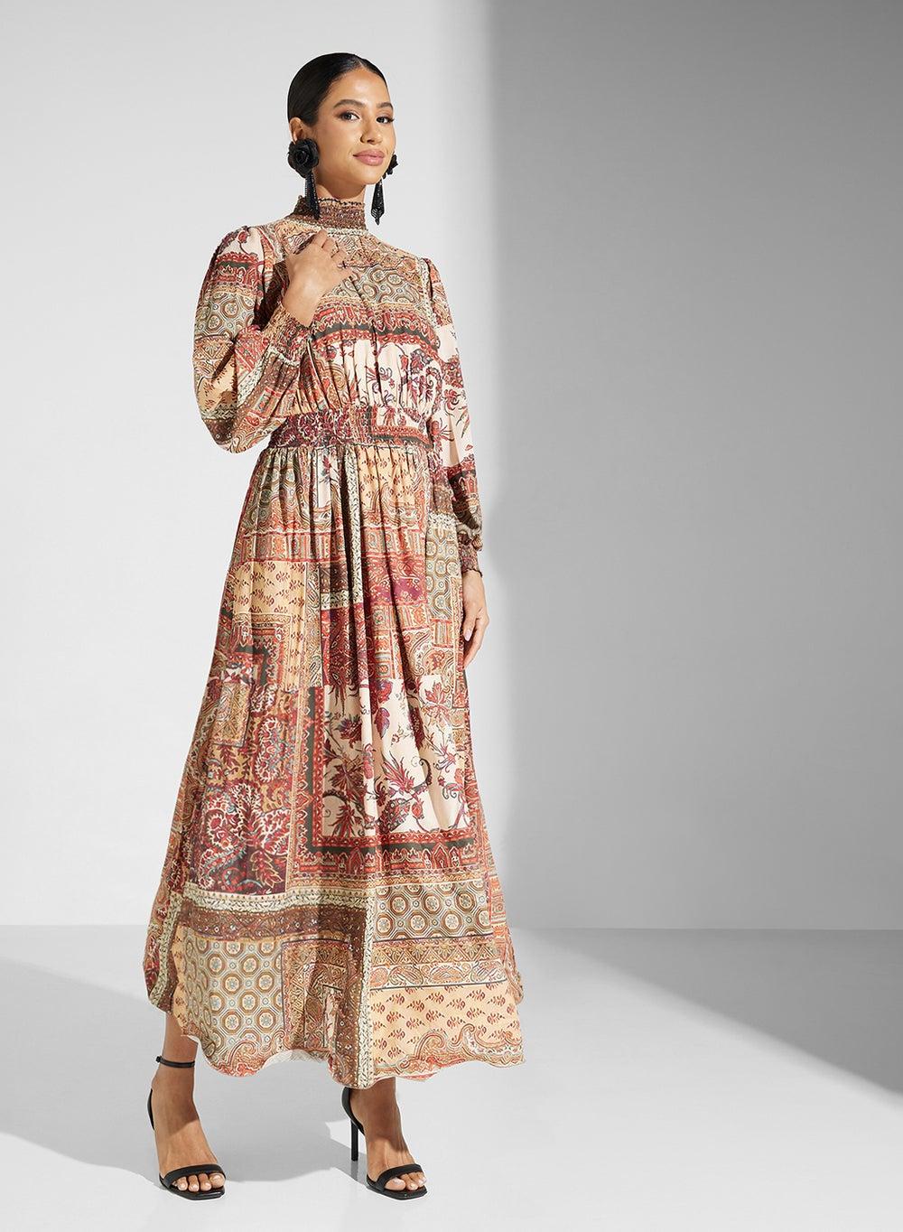 Floral Print Maxi Dress with Cinched Waist - Image 1
