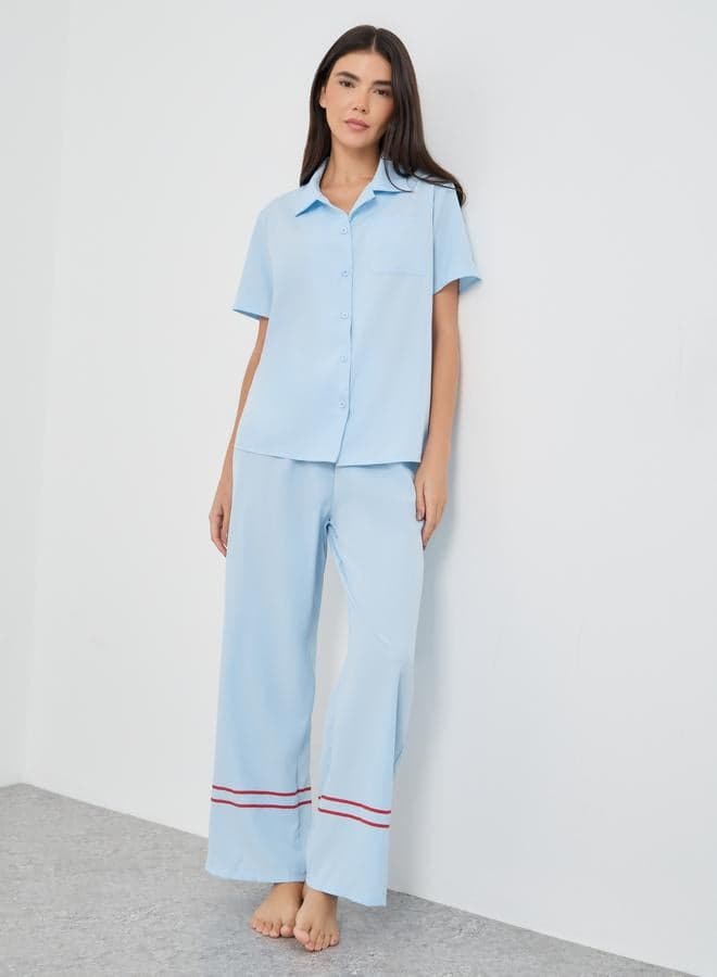 Solid Buttoned Short Sleeve Shirt and Pyjama Set - Image 1