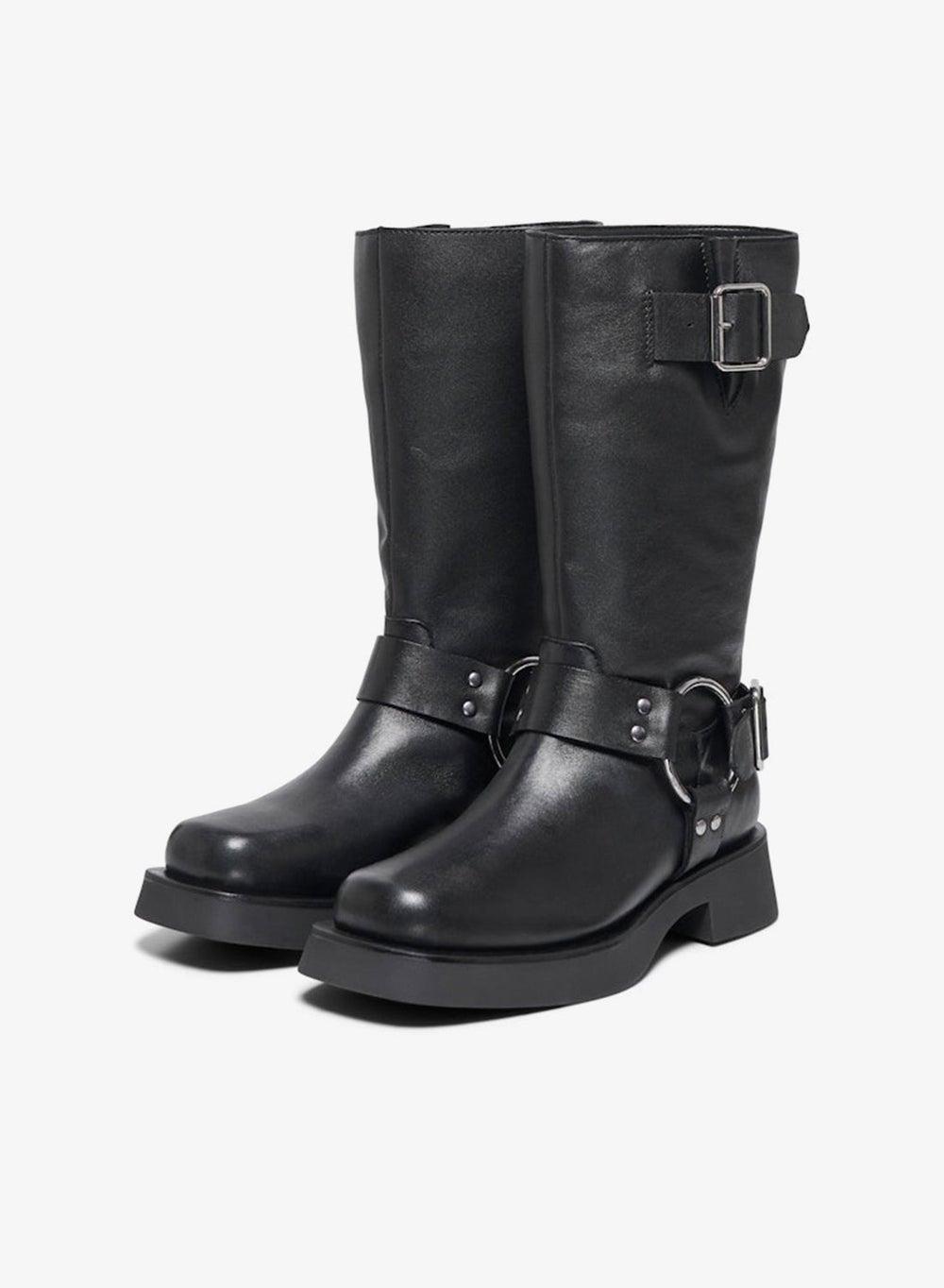 Onlbea Leather Ankle Biker Boots with Buckle Detail - Image 1
