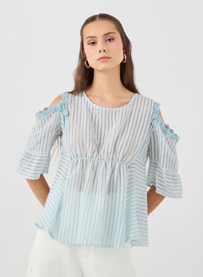Take Two Texture Lace Trim Gathered Waist Blouse - Image 1