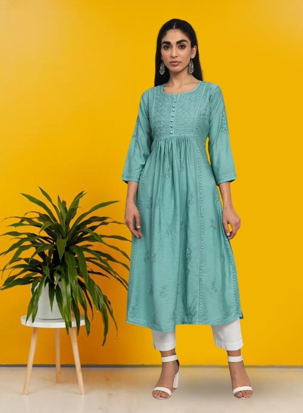 Hand Embroidered Chikankari Cotton Chanderi A-Line Kurta AL3608 - Image 1