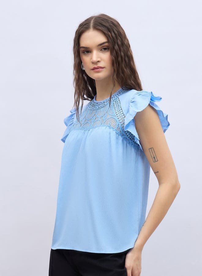 Ruffled Sleeve Lace Detail Regular Fit Top - Image 1