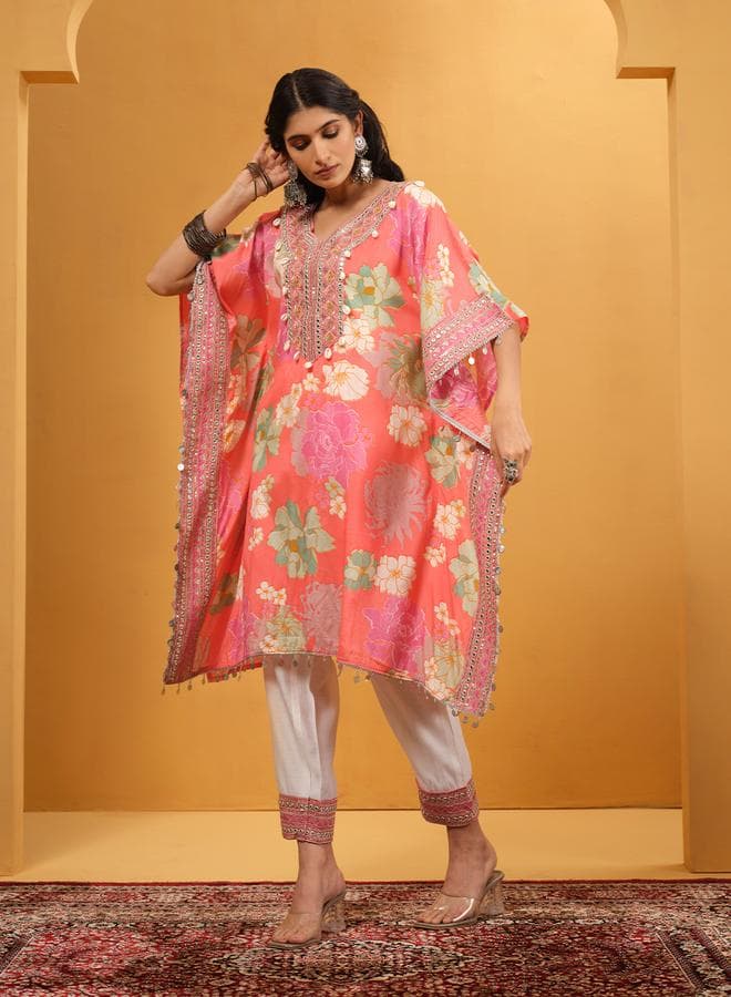 Pink Shantoon Embellished A-Line Kaftan Kurta Set - Image 1