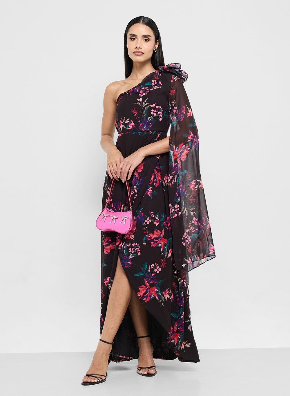 One Shoulder Printed Cape Sleeve Maxi Dress - Image 1