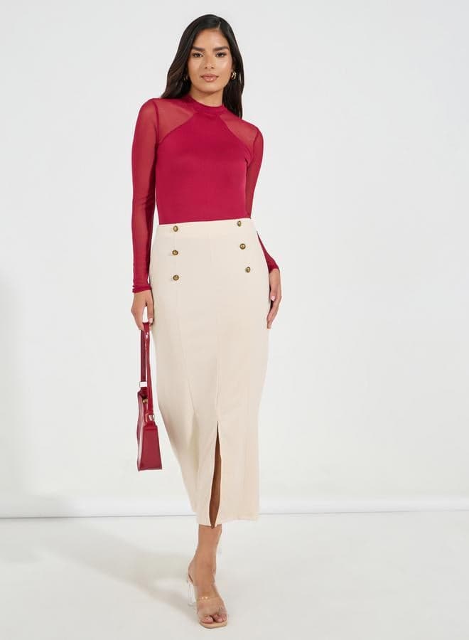 Styli Button Detail Midi Skirt with Split Hem - Image 1