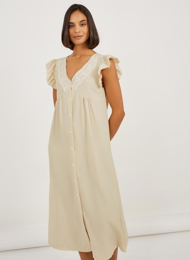 Lace Trim Ruffle Sleeve Button Nightdress - Image 1