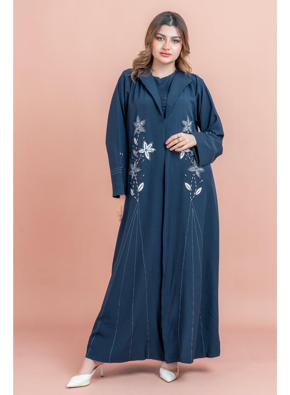 Traditional Crystal Floral Design Hand Embroidered Abaya - Image 1