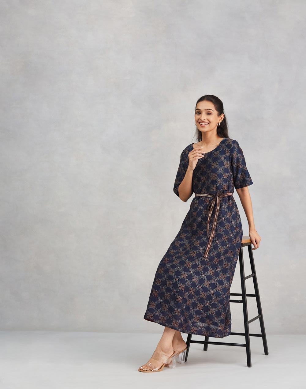 Blue Cotton Silk Ajrakh Printed Midi Dress - Image 1