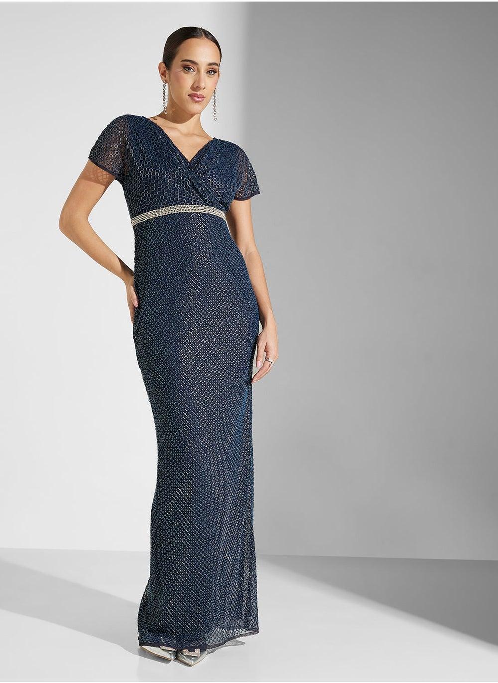 Navy Sequin Embellished Floor-Length Dress - Image 1