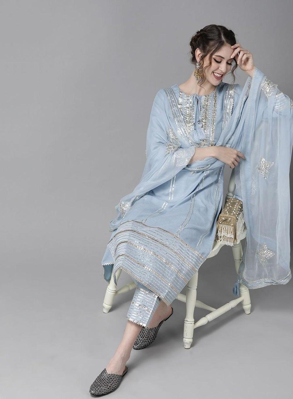 Blue Self Design Full Length Palazzo Kurta Set - Image 1