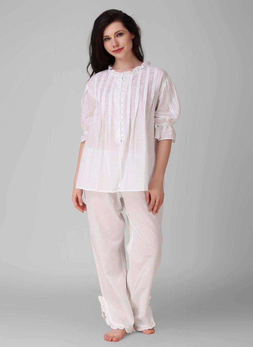 Trudy Loose Fit Embroidered Cotton Shirt Pyjama Set - Image 1
