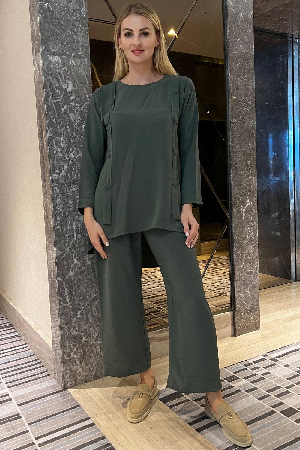 Crew Neck Button Detailed Two-Piece Pants Set - Image 1