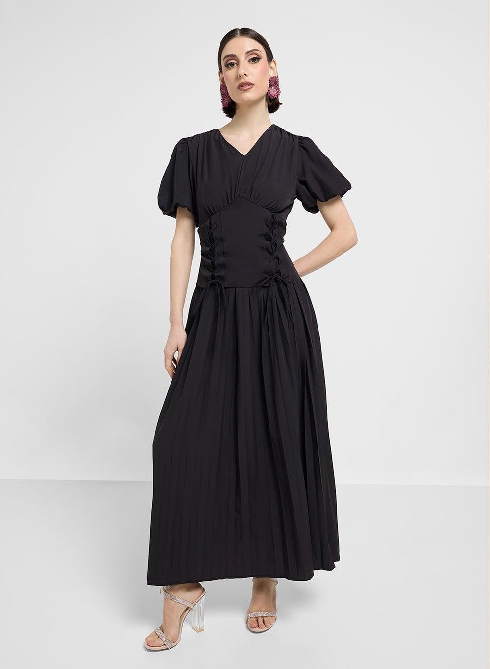 Pleated Corset Black Maxi Dress - Image 1