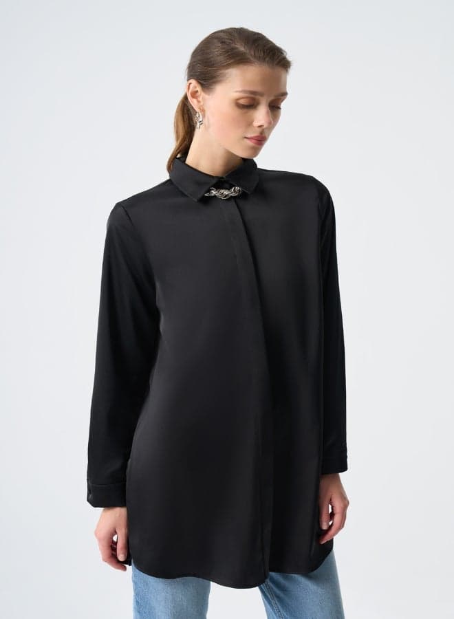 MIZALLE Black Satin Tunic with Hidden Button Detail - Image 1